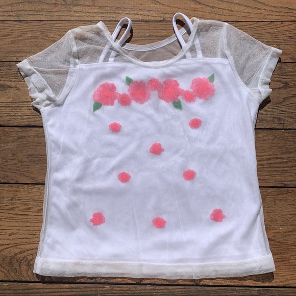 Vintage 80s Floral Painted Mesh Overlay T-shirt